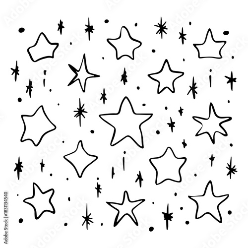 Artistic black and white star pattern with various sizes and shapes on a white background