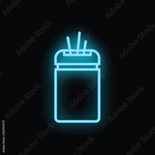 Blue neon icon of a deodorant stick glowing on black background