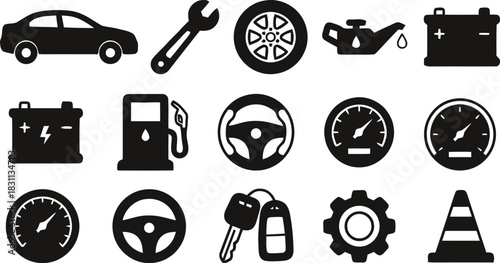 Car and automotive icon set. Vehicle service, repair, and maintenance symbols including steering wheel, engine oil, battery, mechanic tools, and speedometer vector collection.