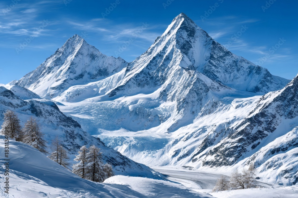 Obraz premium Alpine mountain peaks towering above a winter snow landscape