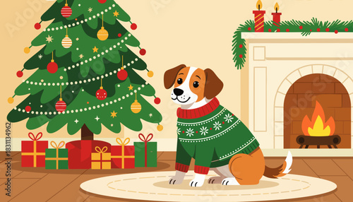 Cute dog wearing a sweater sitting by the Christmas tree and fireplace  