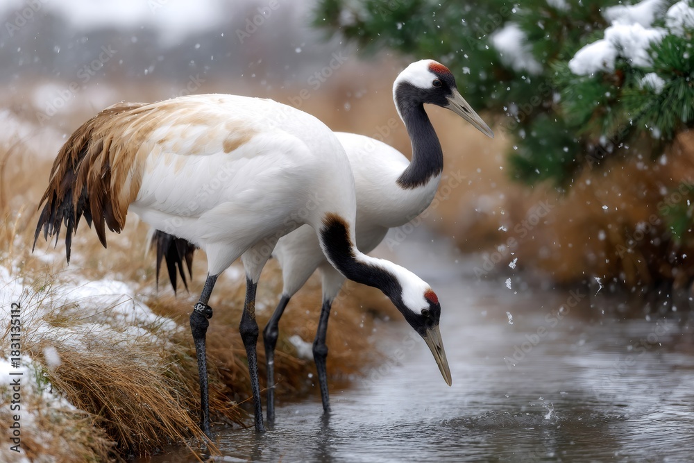 Naklejka premium Red crowned cranes standing in snowy winter stream