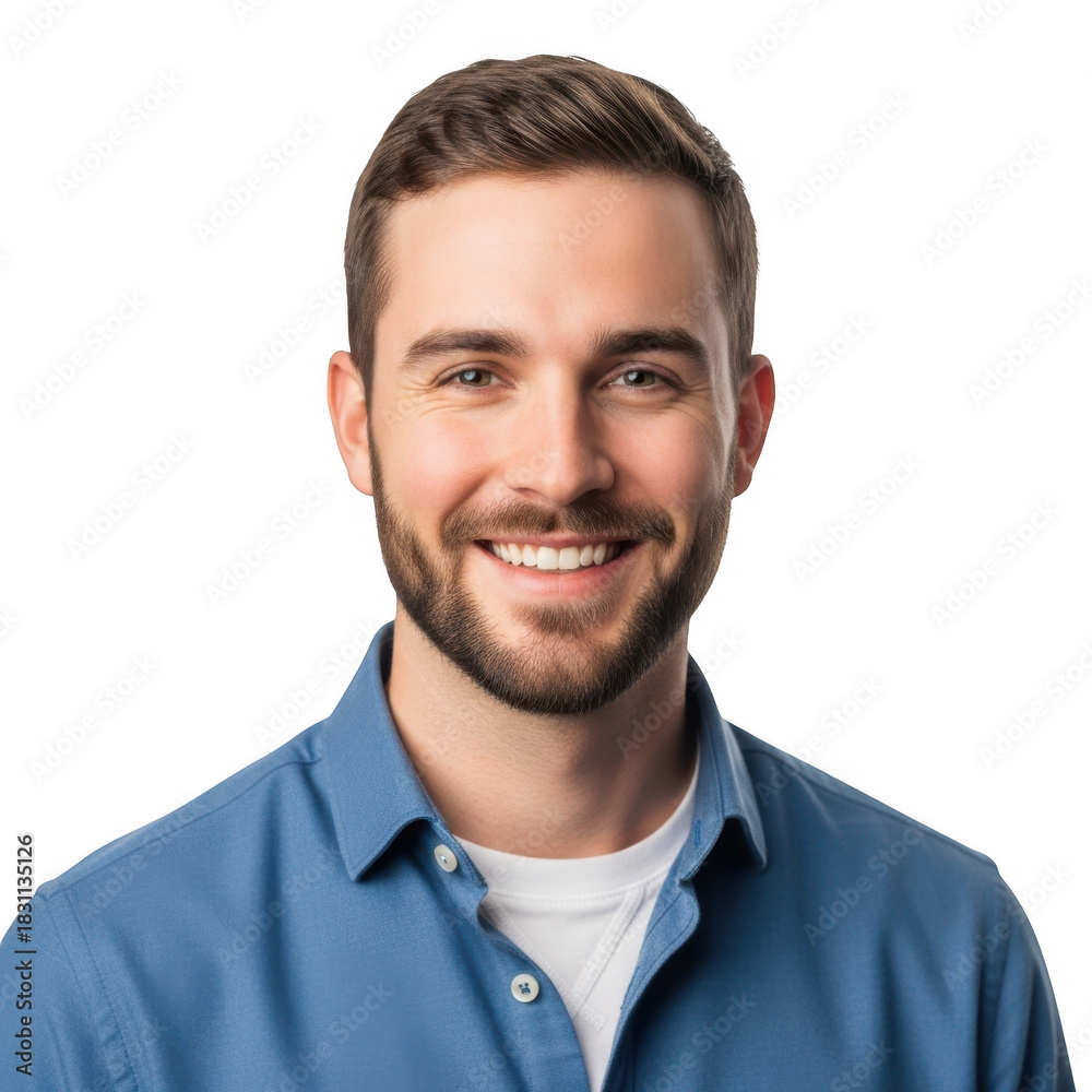 Fototapeta premium Smiling young man with beard and blue shirt headshot portrait isolated on transparent background
