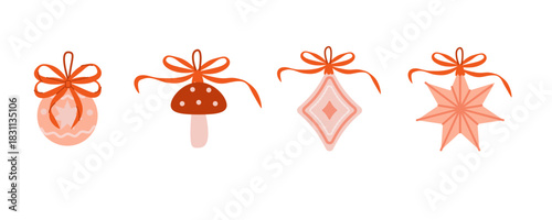 Set of retro-style Christmas tree decorations with bows in shades of pink