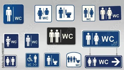 Variety of restroom signs for public places and facilities.