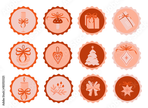 Set of round stickers with Christmas elements in pink colorsSet of round stickers with Christmas elements in pink colors