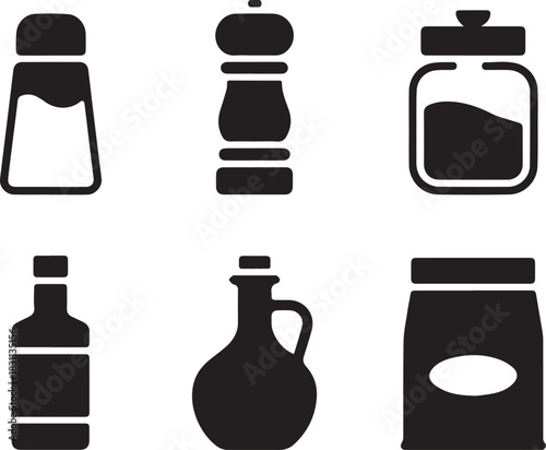 Set of bottles — vector illustrations of glass and plastic bottles, jars, and containers, isolated black and white for kitchen, beverages, and storage