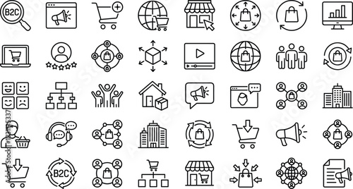 B2C commerce and e-commerce icons set, digital marketing and customer interaction concept, cad drawing flat vector illustration, black and white