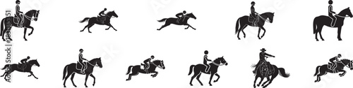 Stickman Riding Horse Icons – Equestrian Silhouette Vector Set, Horseback Riding Symbols