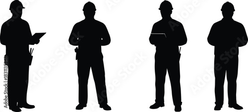 Construction engineers with clipboard supervising worksite, safety inspection and project management process, industrial teamwork concept, cad drawing flat vector illustration