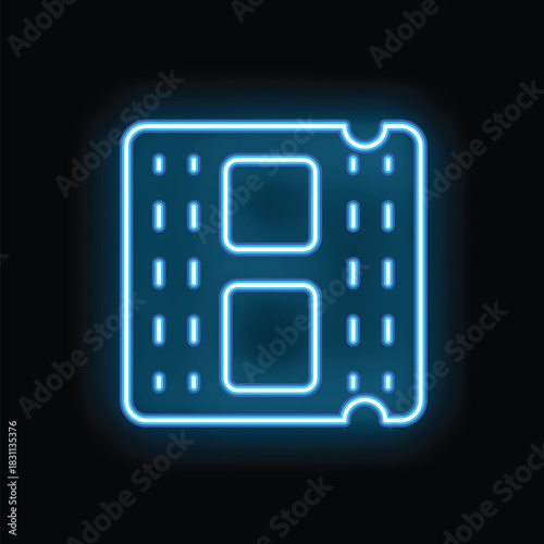 Blue neon icon of a ram memory chip glowing on black background, representing the concept of computer hardware