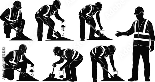 Construction worker performing soil sampling and testing process, geotechnical inspection and site preparation, cad drawing flat vector illustration