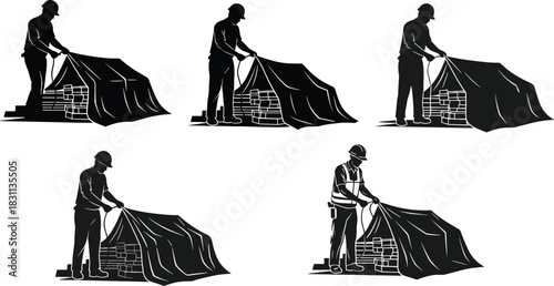 Construction workers covering bricks with tarps, protecting building materials, safety practice, teamwork, industrial site, weather protection, labor, construction equipment, storage