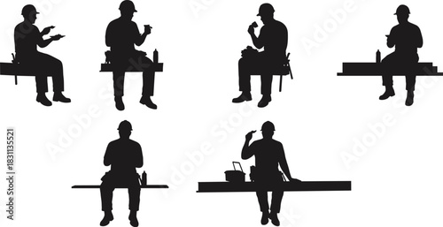 Construction workers eating lunch on steel beams, teamwork break time concept, iconic workplace culture illustration, cad drawing flat vector illustration