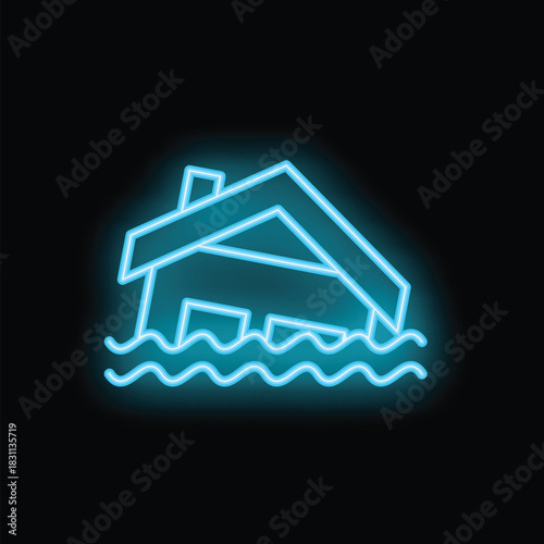 Blue neon icon of a house being flooded with water, representing natural disaster and flood insurance