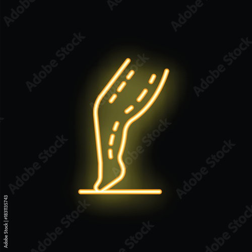 Yellow glowing neon sign representing a human leg with varicose veins, on a black background, useful for illustrating medical topics
