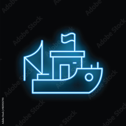 Glowing neon sign of a fishing boat on a black background