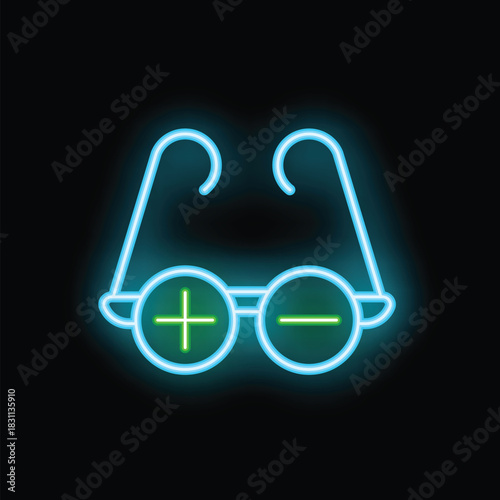 Glowing neon icon of eyeglasses with plus and minus signs, symbolizing vision correction and eye care