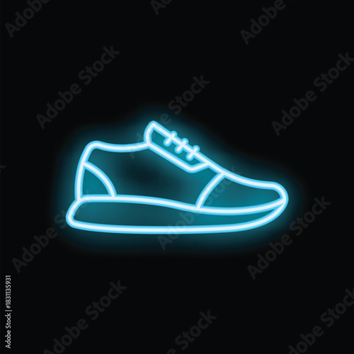 Blue neon sign showing a sneaker shoe glowing on a black background