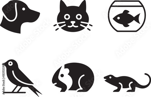 Animals set, vector illustrations of wild and domestic animals, black and white silhouettes, isolated collection for wildlife, farm, and nature design