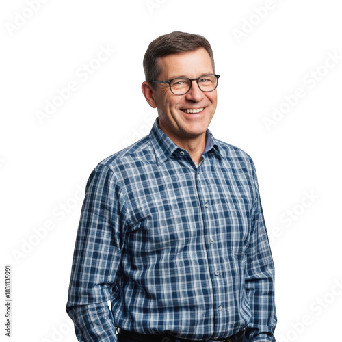 Smiling middle aged man wearing glasses and a blue plaid shirt standing with hands in pockets isolated on transparent background