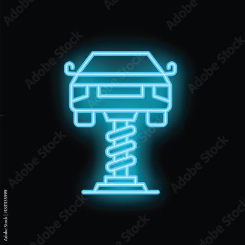 Neon blue car service glowing icon, illustrating a car lifted on a hydraulic lift on a black background