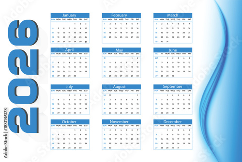 happy new year monthly 2026 calendar template design