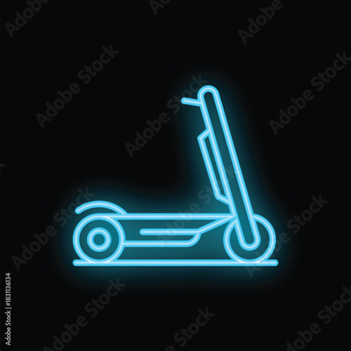 Blue neon sign of a modern electric scooter glowing against a black background