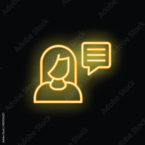 Yellow neon icon representing a woman talking, with a speech bubble, on a black background