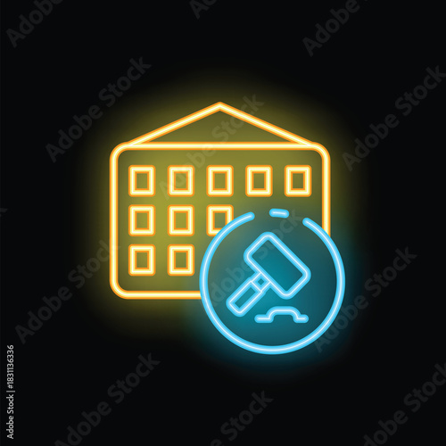 Neon icon of an apartment building with a judge's gavel superimposed, representing the process of real estate auction