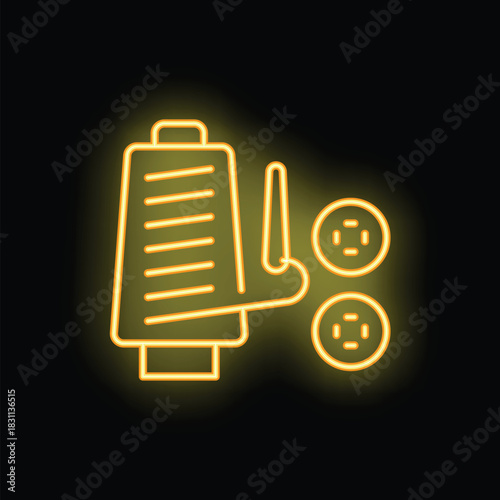 Neon glowing symbol of a thread spool and buttons for sewing and tailoring