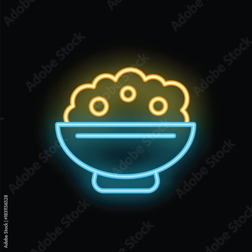Neon sign depicting a bowl overflowing with food, on a dark background