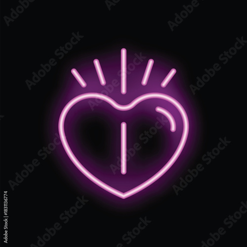 Glowing neon heart with rays of light emanating from the top, symbolizing love, passion, and strong emotion