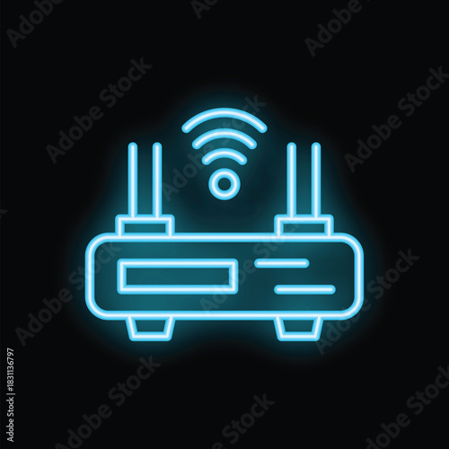 Neon sign illustration of a wifi router glowing on a black background