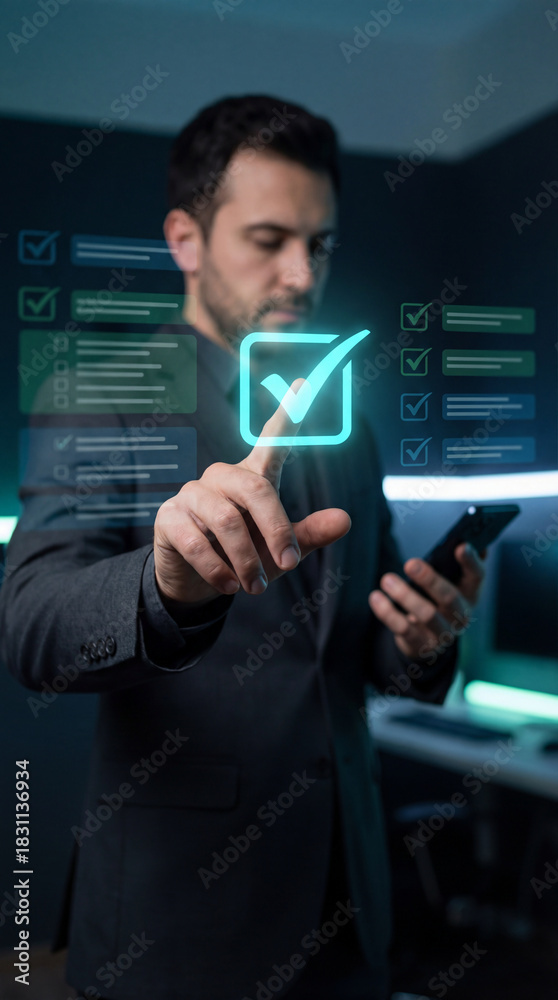 Obraz premium Businessman validating digital checklists through an interactive holographic interface for task completion.