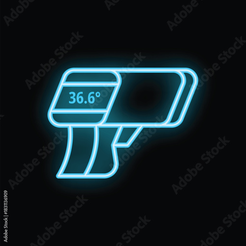 Blue neon icon of a digital infrared thermometer displaying a normal body temperature on a black background