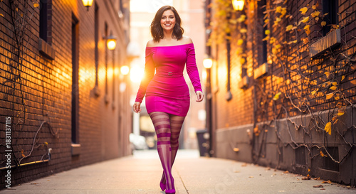 A woman in a vivid pink off-shoulder dress and striped stockings confidently walks down a glowing alley adorned with string lights and greenery, evoking modern style