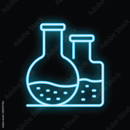 Blue neon icon of chemical flasks containing liquids is glowing on a black background