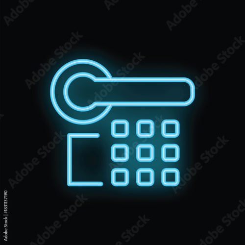 Neon door handle and keypad glowing on black background, concept for security and access control