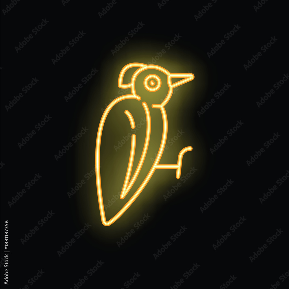 Obraz premium Yellow neon sign of a woodpecker perching on a branch on a black background