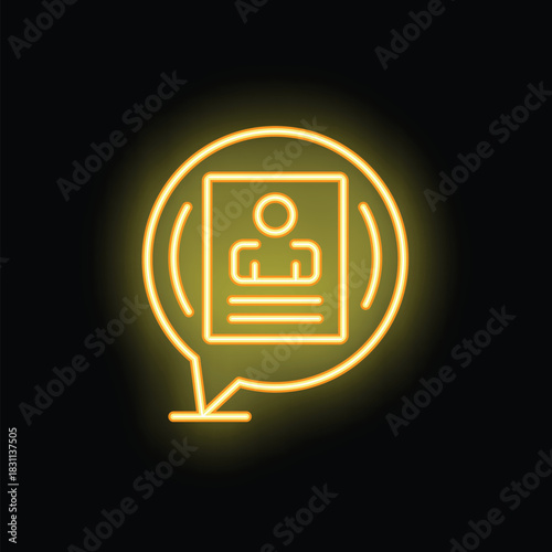 Neon icon of a speech bubble showing a curriculum vitae, representing online job search and recruitment