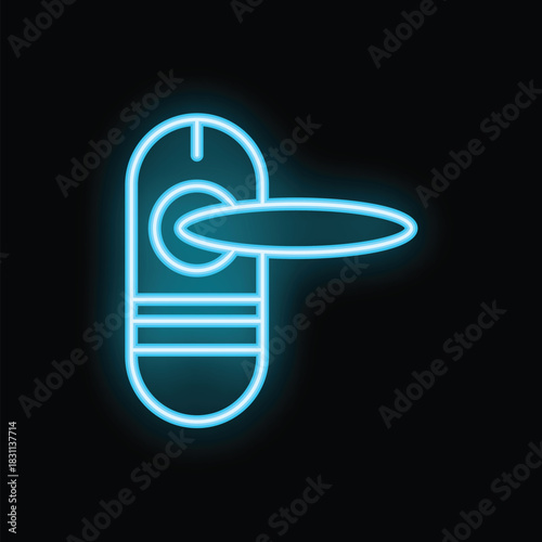 Blue neon sign illustrating a door handle, glowing on a black background