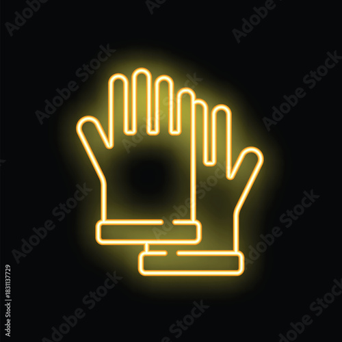 Glowing neon line rubber gloves icon isolated on black background, vector illustration