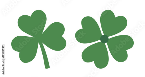 Simple green shamrock flat vector illustration set. 
Four-Leaf Clover icon. 
Three-Leaf Clover icon. 
Saint Patrick's Day element.
Good for greeting card,poster, banner, leaflet .
White background.