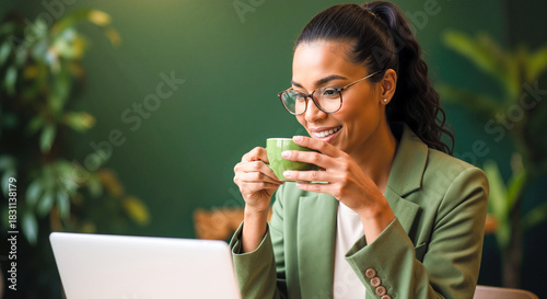 A woman in a green blazer sits at a desk with a laptop, sipping from a green cup, surrounded by leafy indoor plants and a soft green background