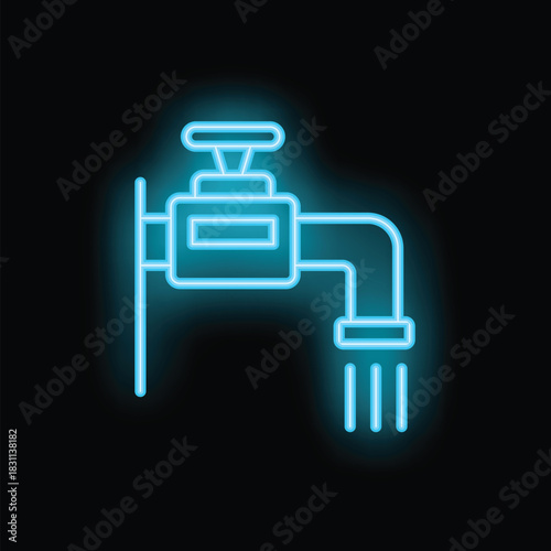 Bright neon blue icon of a water tap is glowing on a dark background, illustrating running water