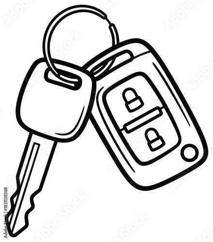 Line art drawing of car key and remote fob