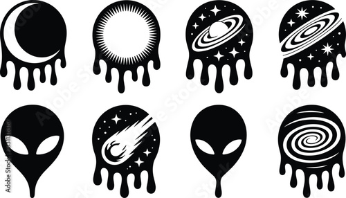 Trendy Monochromatic Dripping Vector Icon Set of Sci-Fi and Space Elements: Alien Heads, Planets, Stars, Moon, Comet, and Galaxy Swirls with Liquid Effects.