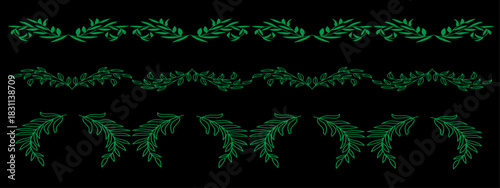 Nature's Decorative Symphony: Intricate arrangements of green leaves, forming elegant decorative borders against a dark canvas, showcasing the beauty of plant forms in a serene and minimalist style.