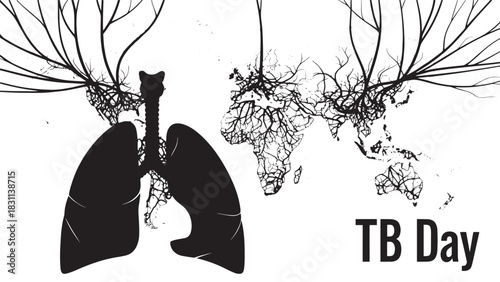 Monochrome conceptual illustration of lungs and roots representing tuberculosis awareness.